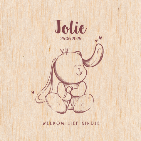 HOUT Geboortekaartje met een lief getekend konijntje