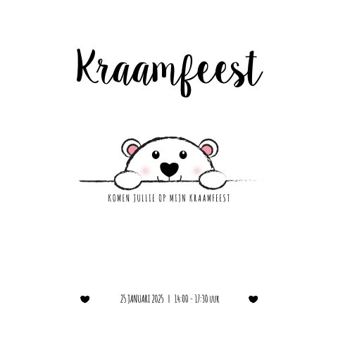 Kraamfeest uitnodiging zwart-wit met schattig ijsbeertje Bowie