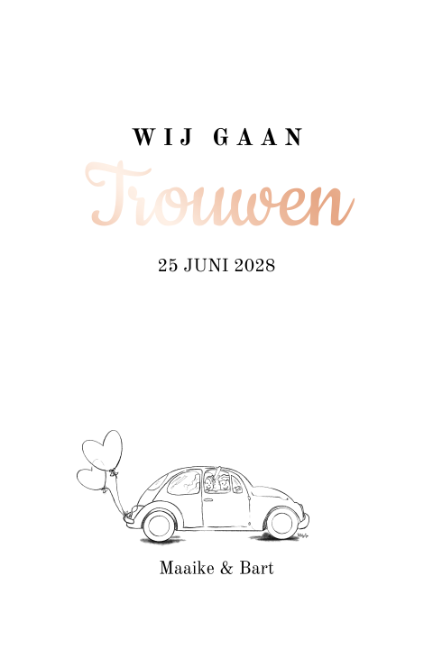 Zwart met witte trouwkaart met een oldtimer en rosé-goudfolie