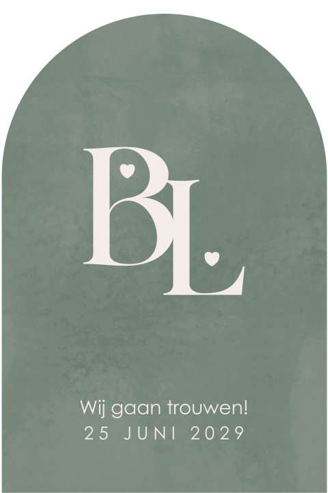 Boogvormige trouwkaart grijsgroene velvet en initialen - Sturdy green