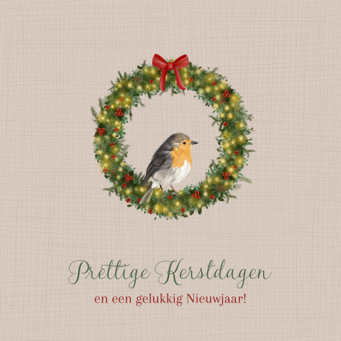 Kerstkaart roodborstje in kerstkrans met kerstlichtjes