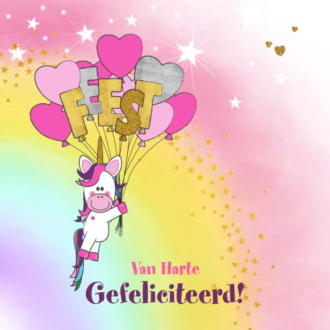 Verjaardagskaart meisje regenboog unicorn en ballonnen