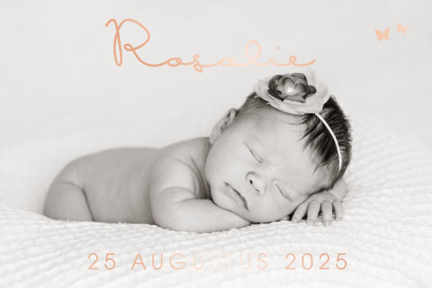 Luxe geboortekaartje meisje met foto en roségoudfolie vlinders