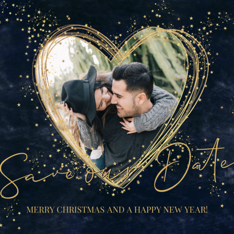 Save the Date kerstkaart donkerblauwe fotokaart hartje