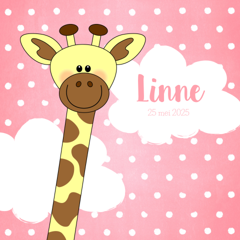 Geboortekaart roze met witte stippen en girafje Linne