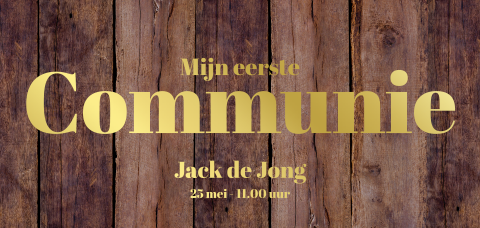 Stoere communie-uitnodiging jongen met houtprint en goudfolie