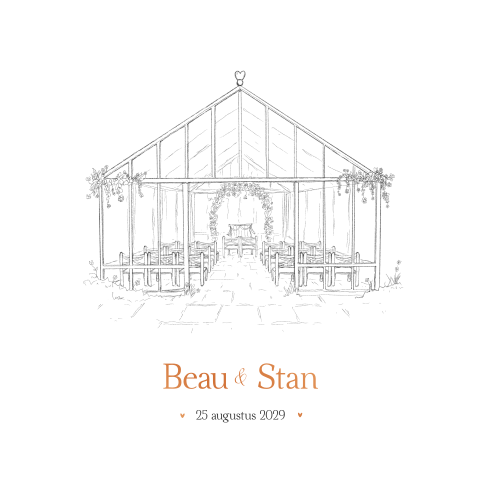 Trouwkaart kas lijntekening koperfolie Greenhouse Romance Beau en Stan