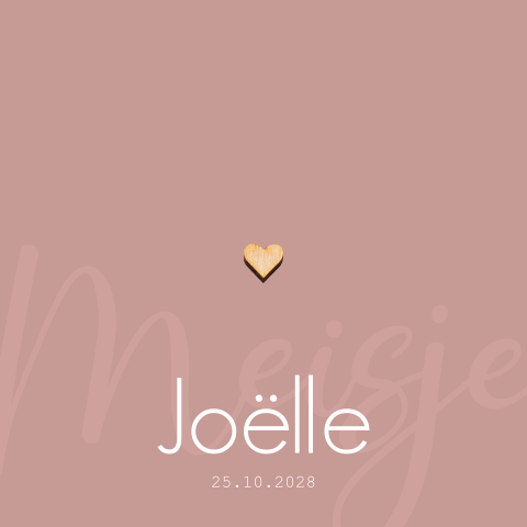 Oudroze geboortekaartje meisje met een houten hartje