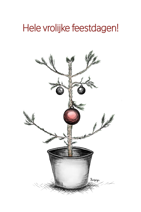 Kerstkaart met lachende kerstboom – Hele vrolijke feestdagen