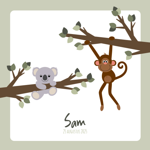Geboortekaart jongen aapje en koalabeer aan een tak Sam