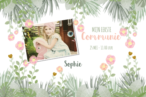 Communie uitnodiging met eigen foto botanica en roze bloemen