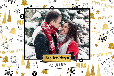 Moderne foto kerstkaart met feestelijke achtergrond