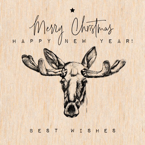 Hout zakelijke kerstkaart met zwarte pentekening eland