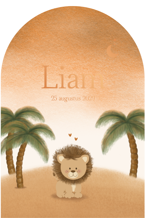 Geboortekaartje boogvorm leeuwtje en palmbomen in koperfolie - Liam