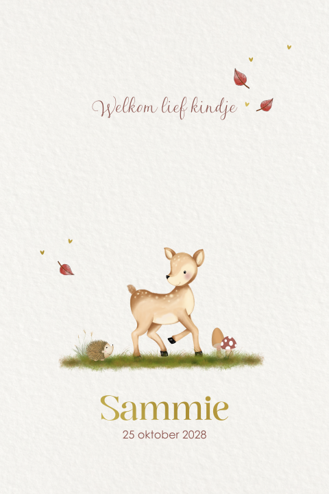 Lief geboortekaartje hertje en egeltje in herfststijl