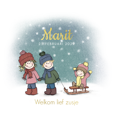 Winters geboortekaartje meisje met broer en zus in sneeuw goudfolie