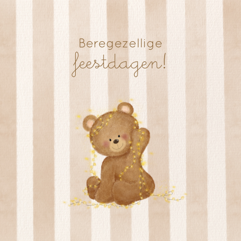 Kerstkaart beertje met lichtjes – Beregezellige feestdagen