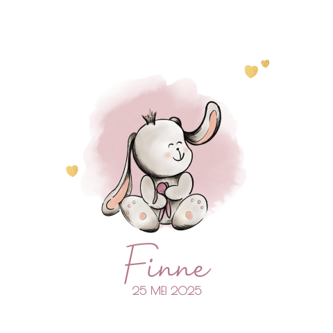 Geboortekaartje meisje met een lief getekend konijntje Finne