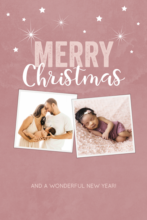 Personaliseerbare foto kerstkaart roze velvet look en sterren