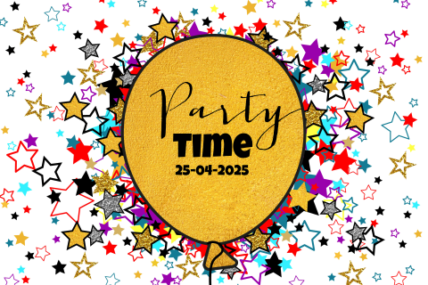 Feestelijke uitnodiging gekleurde sterren en goudkleurige ballon