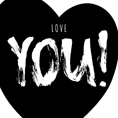 Stoere zwart-wit valentijnskaart met een groot hart, love you