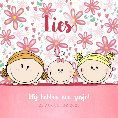 Fleurig geboortekaartje baby meisje met zussen Lies