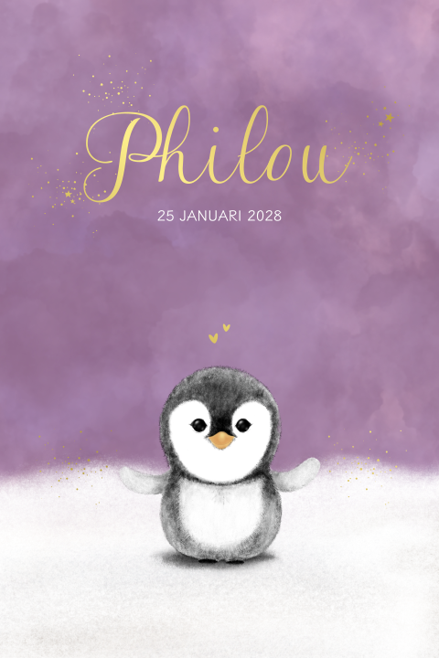 Lief geboortekaartje met pinguïn in de sneeuw en goudfolie