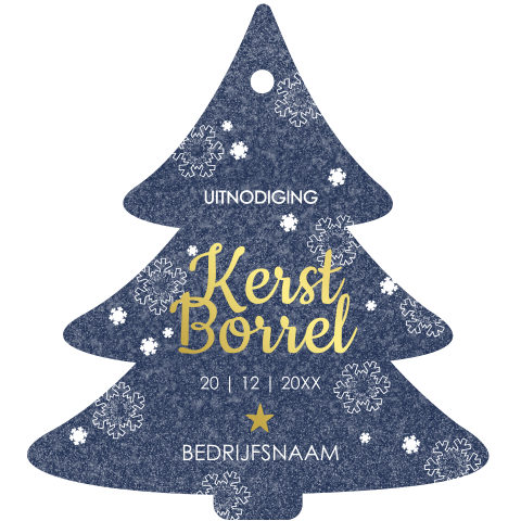 Zakelijke uitnodiging kerstborrel kerstboomvorm blauw sneeuw en folie