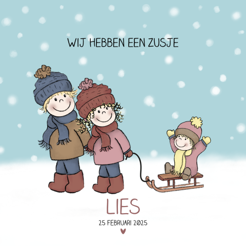 Winters geboortekaartje meisje in de sneeuw derde kindje