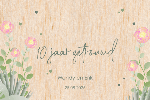 Jubileumkaart huwelijksjubileum echt hout in botanische stijl