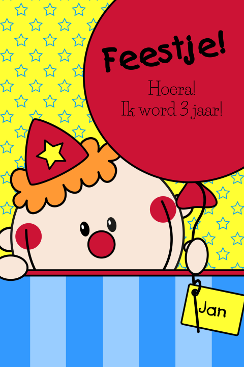 Uitnodiging kinderverjaardag Jarig clowntje met ballon