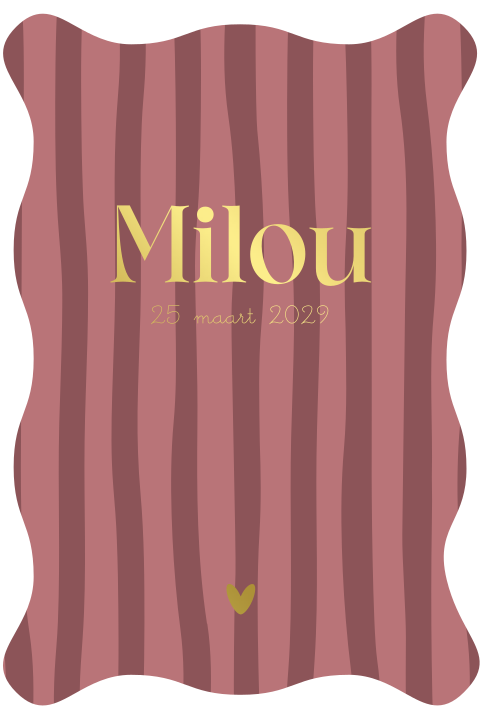 Geboortekaartje met golfrand, roze strepen en goudfolie hart