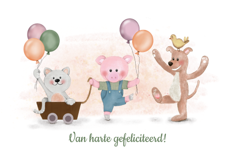 Vrolijke verjaardagskaart met lieve feestbeesten en ballonnen
