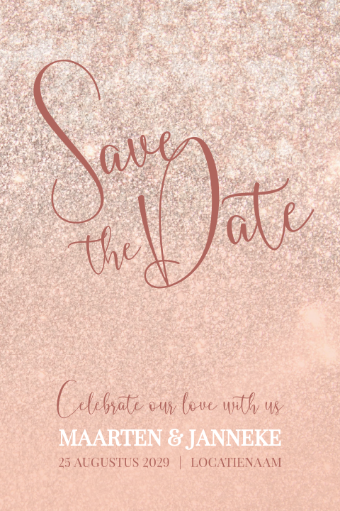 Save the Date Kaart – Roségoud glitterlook en personaliseerbaar