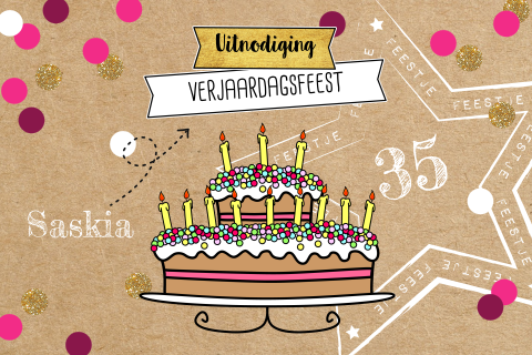 Feestelijke uitnodiging kraft met verjaardagstaart en confetti