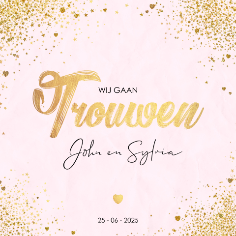Trouwkaart romantisch en feestelijk met gouden hartjes en sterren