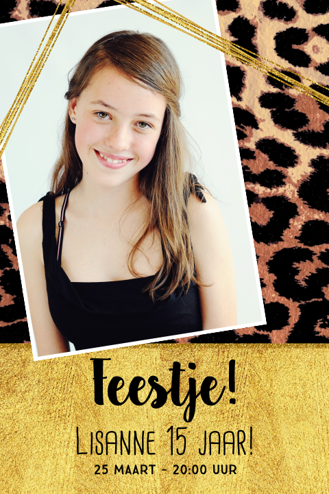 Stoere meiden foto uitnodiging panterprint goud en lintjes