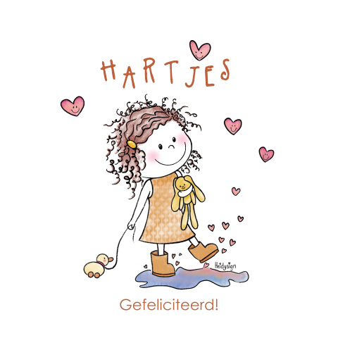 Verjaardagskaart meisje met oker gele laarsjes en hartjes