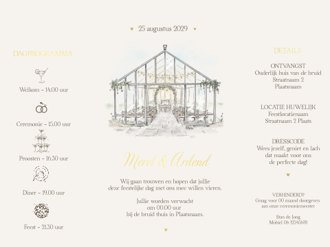 Trouwkaart theatervouw met kas en goudfolie – Greenhouse Romance