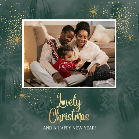 Kerstkaart met foto – chique Lovely Christmas met goudkleurige sterren
