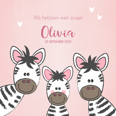 Schattig roze geboortekaartje voor een derde kindje lieve zebra