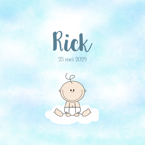 Lief blauw geboortekaartje jongen baby in de wolken Rick