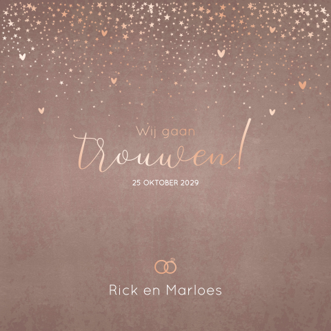 Trouwkaart velveltlook rosegoudfolie sterren hartjes - Earthy elegance