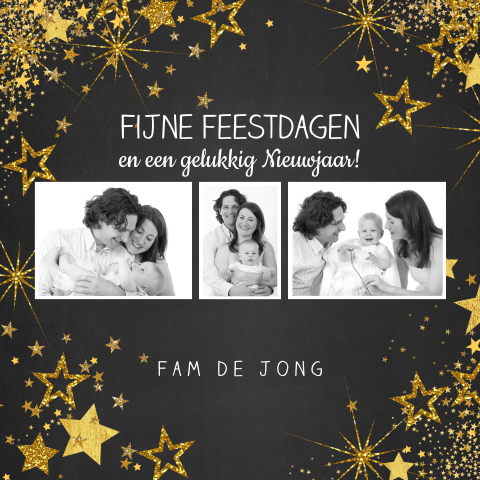 Feestelijke foto kerstkaart krijtbord goud glitter sterren