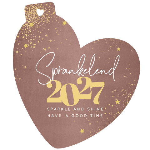 Kerstkaart hartvorm kerstbal met gouden sterren 2027