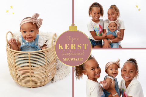 Kerstkaart met fotocollage kerstbal met goudfolie sterren
