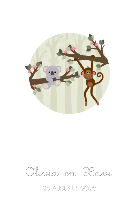 Geboortekaart schattig aapje en koalabeertje in het bos