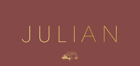 Luxe en minimalistische geboortekaart met goudfolie oldtimer