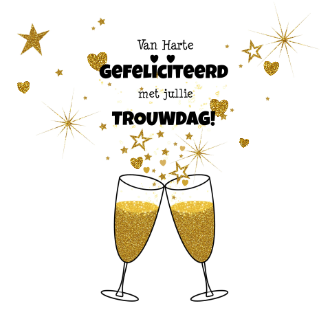 Trendy felicitatie trouwdag champagne gouden hartjes en sterren