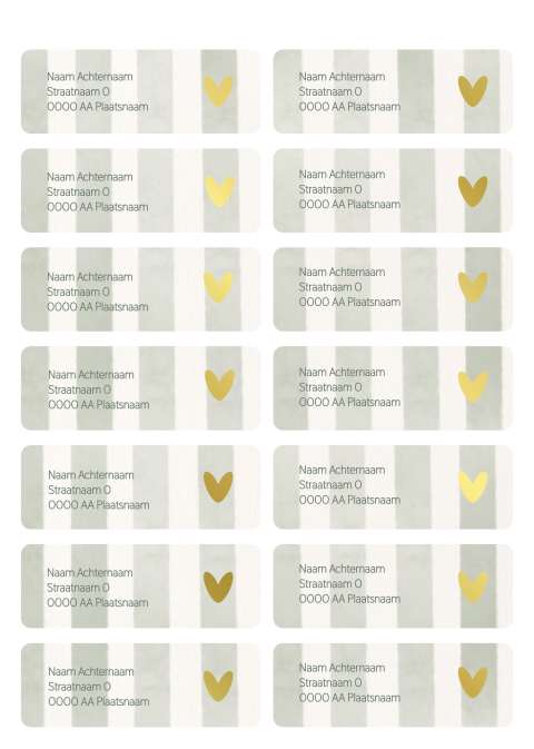 Adresstickers met olijfgroene strepen en goudfolie hartje